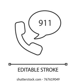Emergency calling service linear icon. Handset and speech bubble with 911 number inside. Thin line illustration. Contour symbol. Vector isolated outline drawing. Editable stroke