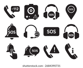 Chamadas de emergência e ícone de glifo sólido SOS definido para socorro e alerta mostrando campainha do telefone e outros símbolos para ajuda urgente e vetor de comunicação