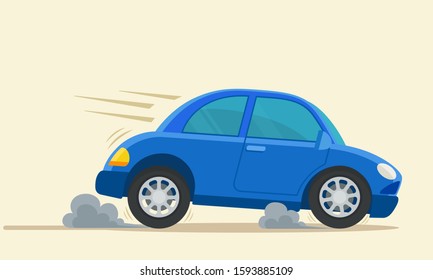 Emergency car braking. Car slows down on road. Vector illustration, flat design cartoon style. Isolated background.