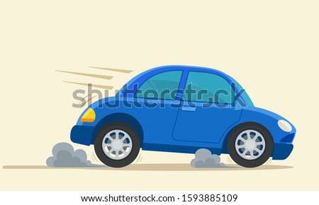Emergency car braking. Car slows down on road. Vector illustration, flat design cartoon style. Isolated background.