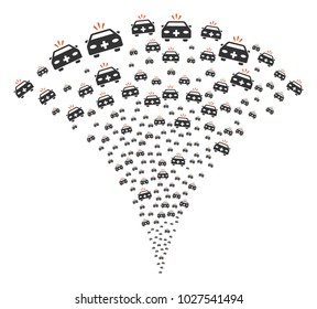 Emergency Car burst fountain. Vector illustration style is flat iconic symbols. Object fountain combined from random pictographs as emergency car fireworks.