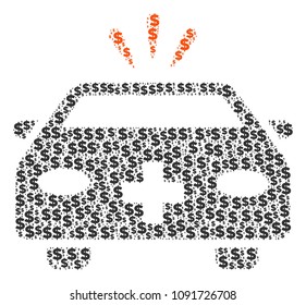 Emergency car collage of dollars and circle points. Vector banking icons are combined into emergency car mosaic.