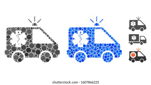 Emergency car composition of round dots in various sizes and color tinges, based on emergency car icon. Vector round dots are organized into blue illustration.