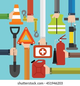 Emergency car equipment design flat set.Vector illustration