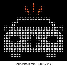 Emergency car halftone vector icon. Illustration style is pixelated iconic emergency car symbol on a black background. Halftone pattern is build of spheric spots.