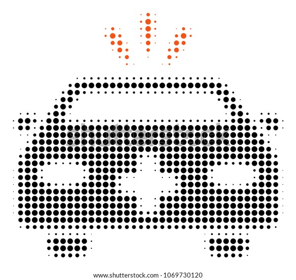 Emergency Car halftone vector pictogram.\
Illustration style is dotted iconic Emergency Car icon symbol on a\
white background. Halftone pattern is circle\
spots.