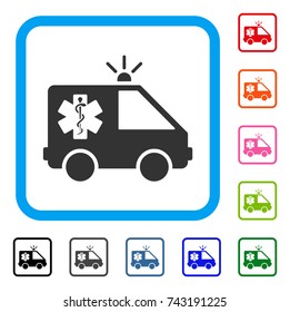 Emergency Car icon. Flat gray iconic symbol inside a light blue rounded frame. Black, gray, green, blue, red, orange color versions of Emergency Car vector. Designed for web and app user interface.