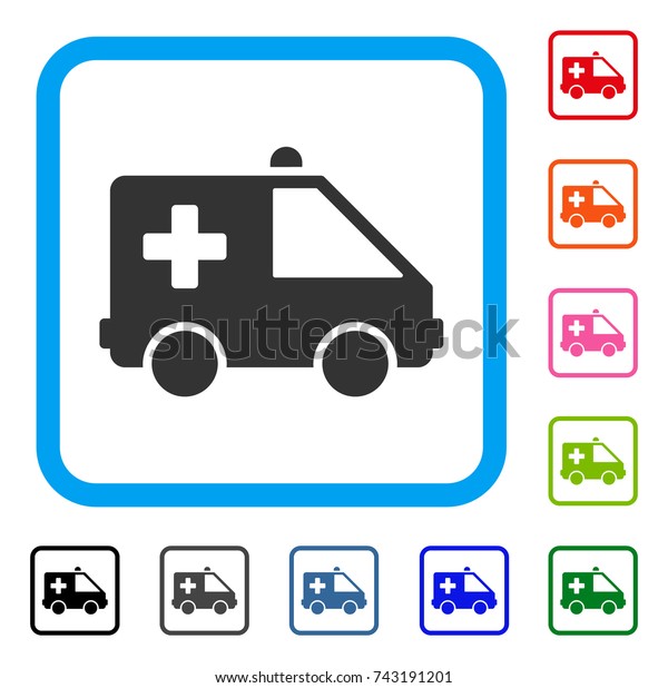 Emergency\
Car icon. Flat gray iconic symbol in a light blue rounded\
rectangular frame. Black, gray, green, blue, red, orange color\
additional versions of Emergency Car\
vector.