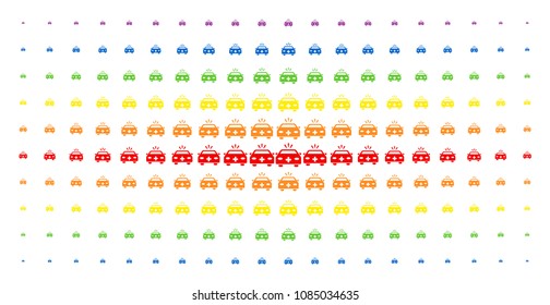 Emergency car icon spectral halftone pattern. Vector emergency car symbols are arranged into halftone grid with vertical spectral gradient. Designed for backgrounds, covers,