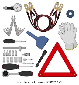 Emergency car kit. Auto repair workshop instruments and accessories set. Vehicle service equipment. Road urgency supplies. Repair tools. Warning triangle accident sign. Isolated vector illustrations