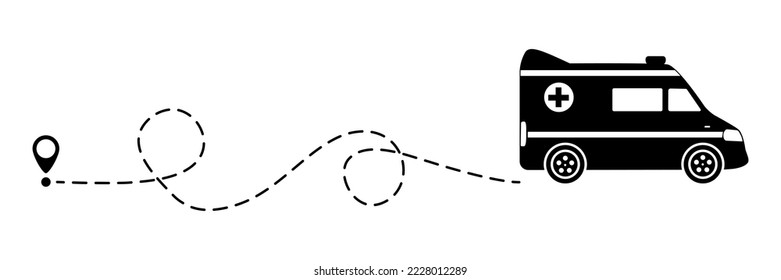 Emergency car with line start point. Ambulance vehicle driving on dotted route with map pin. Vector isolated on white.	