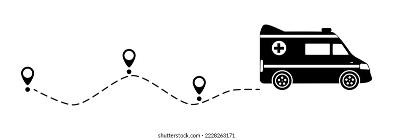 Emergency car with line start point. Ambulance vehicle driving on dotted route with map pin. Vector isolated on white.	