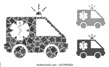 Emergency car mosaic of rough pieces in variable sizes and color hues, based on emergency car icon. Vector rough pieces are combined into mosaic. Emergency car icons collage with dotted pattern.