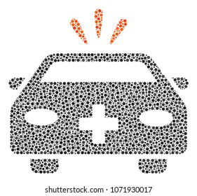 Emergency Car mosaic of small circles in different sizes and color tints. Circle elements are organized into emergency car vector collage. Dotted vector design concept.