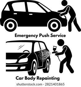 Emergency Car Push Service and Car Body Repainting Icon Set Stick Figure Pictogram