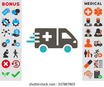Emergency Car vector icon with bonus. Style is bicolor flat symbol, grey and cyan colors, rounded angles, white background.