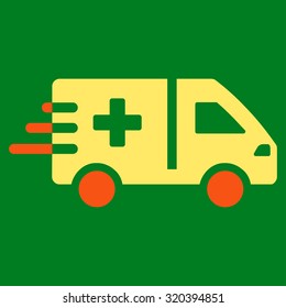 Emergency Car vector icon. Style is bicolor flat symbol, orange and yellow colors, rounded angles, green background.