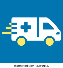 Emergency Car vector icon. Style is bicolor flat symbol, yellow and white colors, rounded angles, blue background.