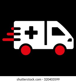 Emergency Car vector icon. Style is bicolor flat symbol, red and white colors, rounded angles, black background.