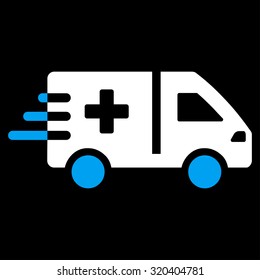 Emergency Car vector icon. Style is bicolor flat symbol, blue and white colors, rounded angles, black background.
