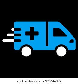 Emergency Car vector icon. Style is bicolor flat symbol, blue and white colors, rounded angles, black background.