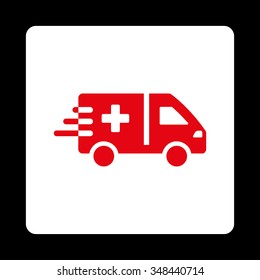 Emergency Car vector icon. Style is flat rounded square button, red and white colors, black background.