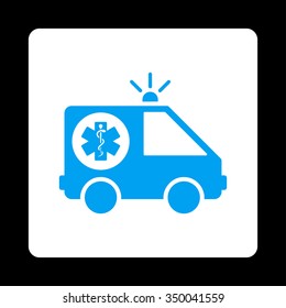 Emergency Car vector icon. Style is flat rounded square button, blue and white colors, black background.