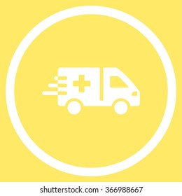 Emergency Car vector icon. Style is flat circled symbol, white color, rounded angles, yellow background.