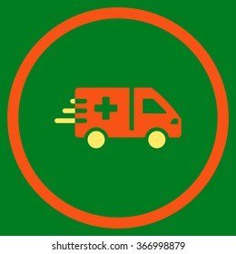 Emergency Car vector icon. Style is bicolor flat circled symbol, orange and yellow colors, rounded angles, green background.