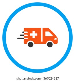 Emergency Car vector icon. Style is flat circled symbol, orange and blue colors, rounded angles, white background.
