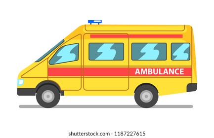 Emergency car, yellow and red ambulance medical service vehicle vector Illustration on a white background