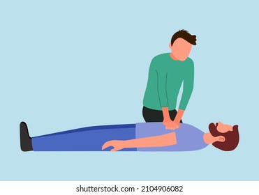 Emergency cardiopulmonary resuscitation concept vector illustration. Male CPR first aid to patient in flat design.