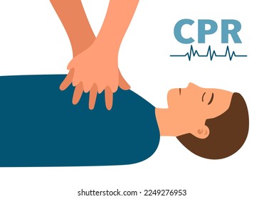 Emergency cardiopulmonary resuscitation concept vector illustration. Hand CPR first aid to male patient in flat design.