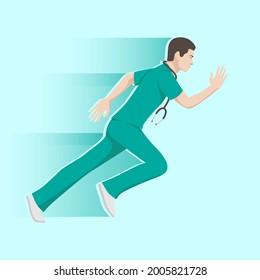 Emergency care concept. Doctor running to help his patients. Handsome male doctor surgeon in uniform with stethoscope. Emergency medical services flat vector illustration.