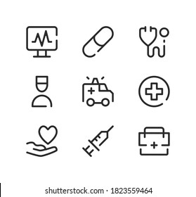 Emergency care line icons set. Modern graphic design concepts, black stroke linear symbols, simple outline elements collection. Vector line icons