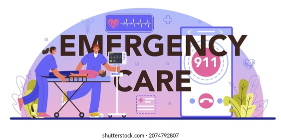 Emergency care typographic header. Ambulance doctor in the uniform performing first aid. Paramedics urgent care. Healthcare, modern medicine treatment. Flat vector illustration