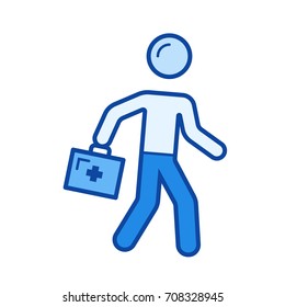 Icono de línea vectorial de cuidados de emergencia aislado en fondo blanco. Icono de la línea de atención de emergencia para infografía, sitio web o aplicación. Icono azul diseñado en un sistema de cuadrícula.