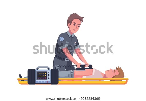 Emergency cartoon icon with male paramedic\
using defibrillator vector\
illustration