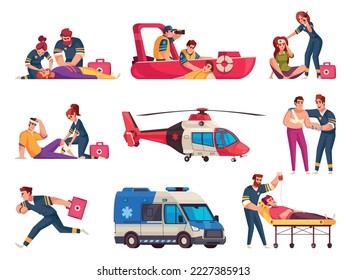 Emergency cartoon icons set with safety and first aid professionals isolated vector illustration