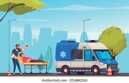 Emergency Cartoon Poster With Er Doctor Rescuing Sick Man Vector Illustration