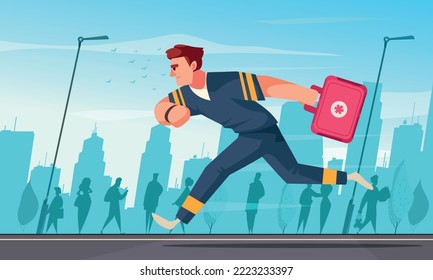 Emergency cartoon poster with er paramedic specialist running vector illustration