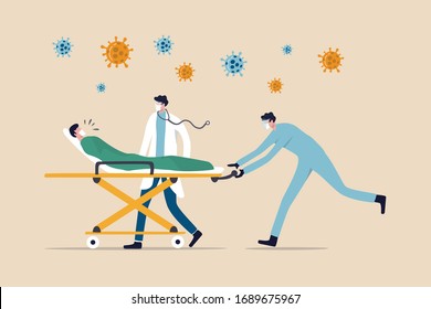 Emergency case for Coronavirus critical patient concept, doctor with medical team riding bed with critical Coronavirus COVID-19 pneumonia patient to emergency room with extra treatment, virus pathogen