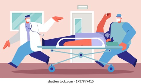 Emergency case for Coronavirus critical patient on stretcher concept, doctor with medical team riding bed with critical pneumonia patient to emergency room with extra treatment, flat vector design.