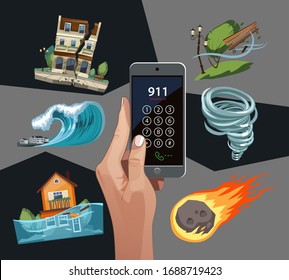 Emergency cataclysms set with phone. Windstorm, hurricane, earthquake, waterflood, meteorite