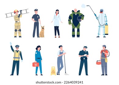 Emergency characters team. Doctors and ambulance workers, policeman with dog, rescue and firemen in uniform. Professionals recent vector set