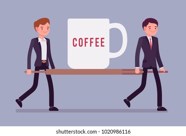 Emergency coffee cup on stretcher. Young male office workers carrying a giant mug with hot drink, first aid energy help for colleague to refresh. Vector flat style cartoon illustration