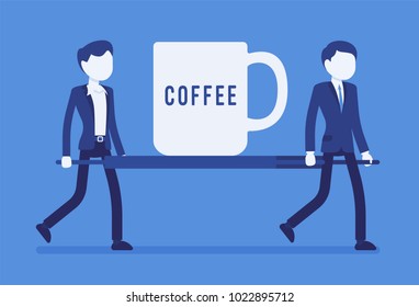 Emergency coffee cup on stretcher. Young male office workers carrying a giant mug with hot drink, first aid energy help for colleague to refresh. Vector illustration with faceless characters