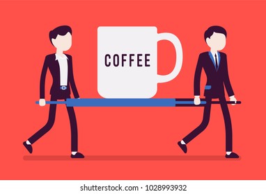 Emergency coffee cup on stretcher. Young male office workers carrying a giant mug with hot drink, first aid energy help for colleague to refresh. Vector illustration with faceless characters