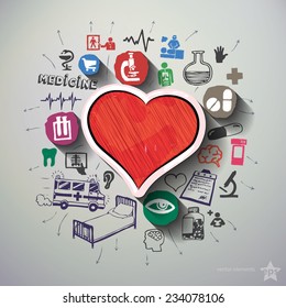 Emergency collage with icons background. Vector illustration