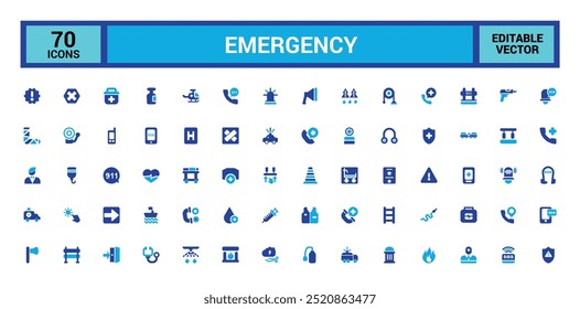 Emergency colorful icon set. Containing ambulance, emergency exit, first aid, police, medical, hospital, SOS icons. editable color Solid icons collection.
